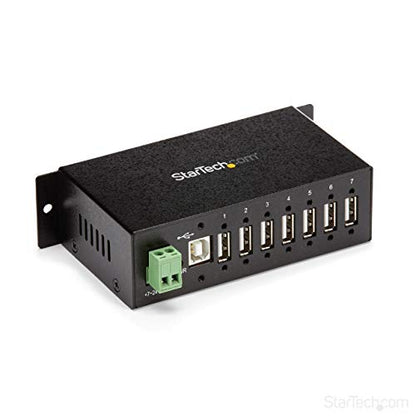 StarTech 7-Port Industrial USB 2.0 Hub, Mountable, TAA (ST7200USBM) | Steel housing, 15kV ESD and 350W surge protection, DIN/wall/desk mountable, 7-24V DC terminal block, USB expander