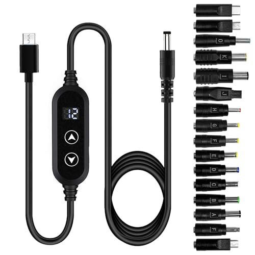 USB C to DC 5V/9V/12V/15V/20V Cable with 16 DC Conversion Heads Adapter and LED Display Screen, 65W USB to DC Power Charger use with PD Charger and PD Power Bank for Speakers, routers, laptops (3.9ft) - color: Black-65W with 16 Adapter DC Cable