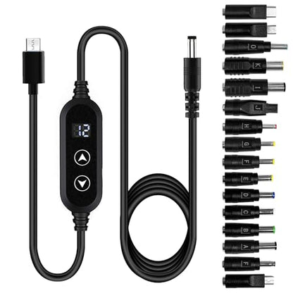 USB C to DC 5V/9V/12V/15V/20V Cable with 16 DC Conversion Heads Adapter and LED Display Screen, 65W USB to DC Power Charger use with PD Charger and PD Power Bank for Speakers, routers, laptops (3.9ft) - color: Black-65W with 16 Adapter DC Cable