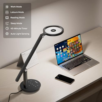 Honeywell Desk Lamp for Home Office, H6 Sunturalux™ Eye-Caring Led Desk Light, 800LM Dimmable Desk Lamp with Timer, Touch Control Tall Desk Reading Light, Table Lamp for Circle Webcam, Study, Bedroom - color: Black