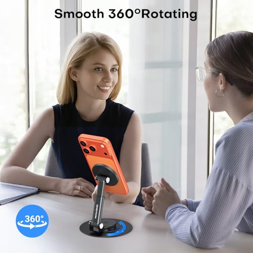 OMOTON MS05 360° Rotating Magnetic Phone Stand for MagSafe, [Height Adjustable] Foldable Cell Phone Stand for Desk, Office Desk Accessories Gift for iPhone 17/16/15 Pro Max Air for PC Gaming Women Men