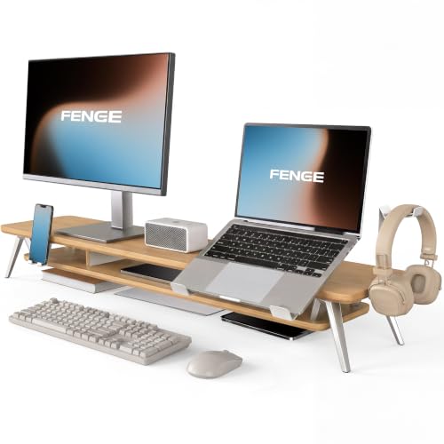 Fenge Dual Monitor Stand, Monitor Riser for 2 Monitors with Adjustable Laptop Riser , 42.5 Inch Desk Shelf for Top of Desk with Phone Holder& Headphone Stand - color: Dark Oak