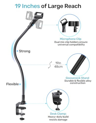 19-Inch Gooseneck Mic Stand for Desk - Clamp On Desktop Microphone Arm with Heavy-Duty Table Clip, 5/8" to 3/8" & 1/4" Adapters Included, Ideal for Podcast, Pulpit & Podium Mic Holder, Black - size: Heavy-Duty Clamp