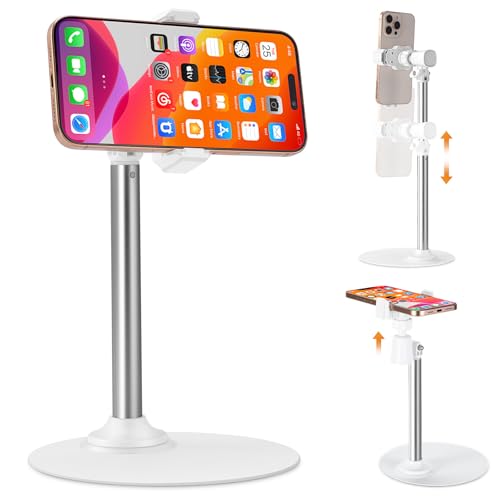 Phone Stand for Recording Videos, Adjustable Phone Holder for Desk | 16cm Diameter Metal Base, 360° Rotating Overhead Mount for Live Streaming, TikTok, YouTube, Height Adjustable to 35cm - color: white