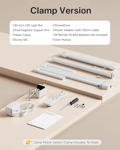 ONEMIX 42" LED Desk Lamp with Clamp, Architect Desk Light with Remote, Adjustable 4-Segment Bar, 1800LM Bright, Eye-Caring Desk Lamp for Home Office, Reading, Study, Dual Monitors, Workbench (White) - color: White