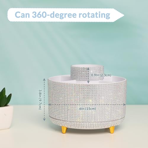 SKYDUE 360 Degree Rotating Desk Organizer, Shining Dual-Purpose Rhinestone Pencil Pen Holder, Rotating Desk Pen Organizer with 5 Slots, Rhinestone Pencil Cup for Office, School, Home - color: Crystal White