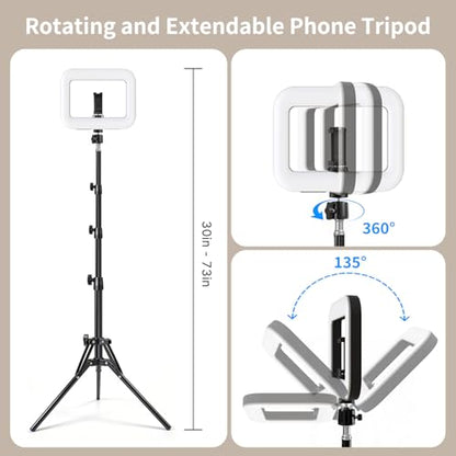 yAyusi Selfie Ring Light Tripod for iPhone, 73" Extendable Selfie Stick Phone Tripod with Light for Cell Phone, Dimmable Tripods Ring Light with Phone Holder and Stand for Video Recording/Live Stream
