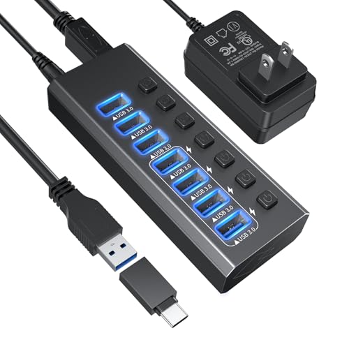 Powered USB Hub 3.0, GKEAPZA 7-Port USB 3.0 Hub [Durable Aluminum] 7 Data Transfer Ports+ 4 Smart Charging Ports with Individual On/Off Switches, USB Hub 3.0 Powered with Power Adapter for Laptop PC - color: 7 Port USB 3.0 Hub