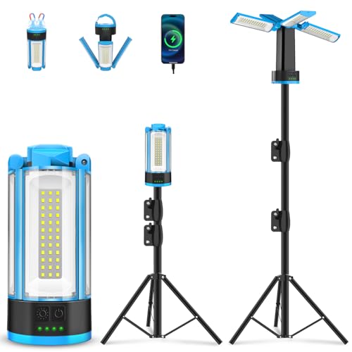 T-SUN Rechargeable Camping Light with Stand, 4 Adjustable Heads LED Work Light, 6000K Cool White Dimmable Portable Lantern for Outdoor Tent, Emergency Power Outage,Hurricane-Includes Detachable Tripod - color: Blue