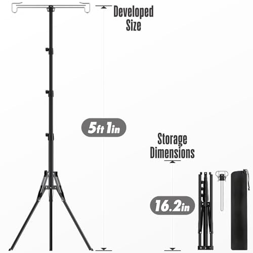 Telescopic Height Adjustable Camping Lantern Tripod Stand | 2-Hook Lantern / Light Hanger Holder for Outdoor Camping Tent RV, Night Fishing & Patio - size: 5ft 1"