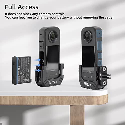 Nitze Half Cage for Insta360 X3, with 1/4" Threaded Holes and Locating Holes, Dual Cold Shoes and Folding Finger Adapters - T-IN01A