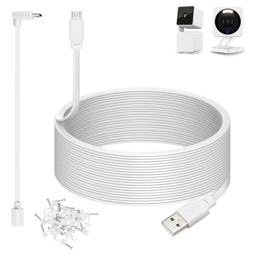 50ft Power Cable for Wyze Cam v4,Wyze Cam Pan v3,Wyze OG,Wyze Cam v3 and v3 Pro Security Cameras - 15m Long Flat Extension USB to Micro USB Charging Cord with L-Shaped Adapter, White - color: White