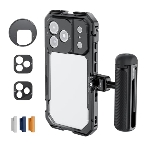 NEEWER Phone Cage Kit Compatible with iPhone 17 Pro Only, Video Rig Stabilizer Accessories with 67mm Filter Ring, 17mm & T Mount Lens Backplates, Quick Release Bluetooth Handle, PA143 (Black) - color: Black