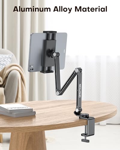 OMOTON Tablet Stand for iPad with 360° Rotation, GH03 Aluminum Alloy Long Arm Phone Mount with 2 Plastic Clamps (Phone & Tablet), Adjustable Holder for 4-13" iPad Pro/iPhone, Black - color: Black