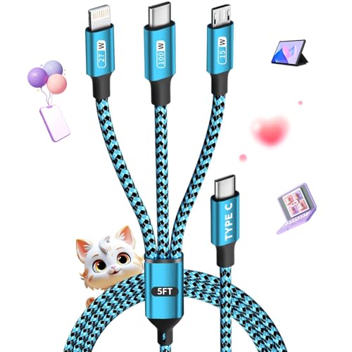 Travel Essentials,Dual Type-C 4 in 1 Multi Charging Cable, 3 FT Universal Charging Cables for All Devices, 2 USB-C/Lightning/Micro USB Port, Compatible with iPhone 17 16/15 Series/Phone/Tablet,Blue - color: Sky Blue&Black