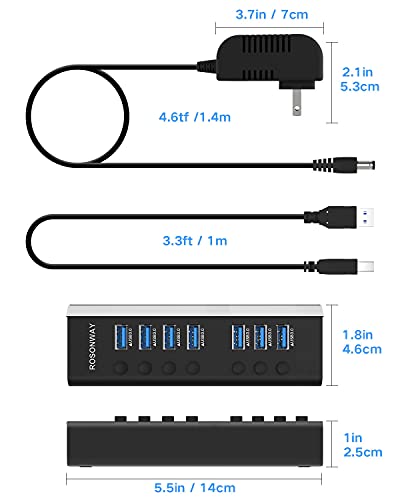 USB Hub 3.0 Powered Rosonway Aluminum 7 Ports USB 3.0 Data Hub Splitter with 24W (12V/2A) Power Adapter and Individual On/Off Switches USB Port Expander for PC and Laptop (RSH-A37S) - size: 7-Port Powered USB 3.0 Hub