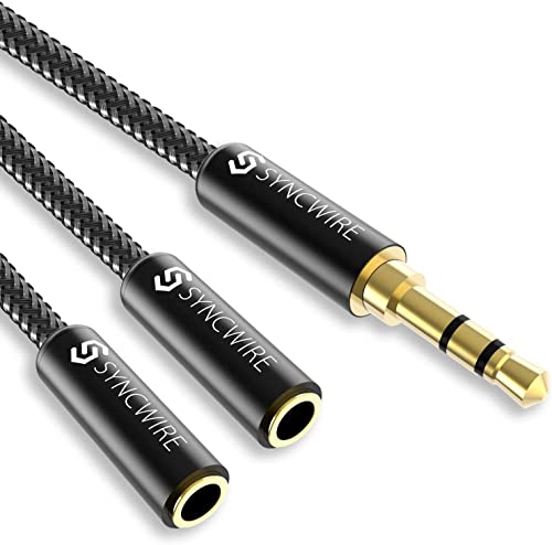 Headphone Splitter, Syncwire Nylon-Braided 3.5mm Extension Cable Audio Stereo Y Splitter (Hi-Fi Sound), Male to 2 Ports Female Headset Splitter for Apple, Samsung, Tablets & More (No Mic) - color: Black