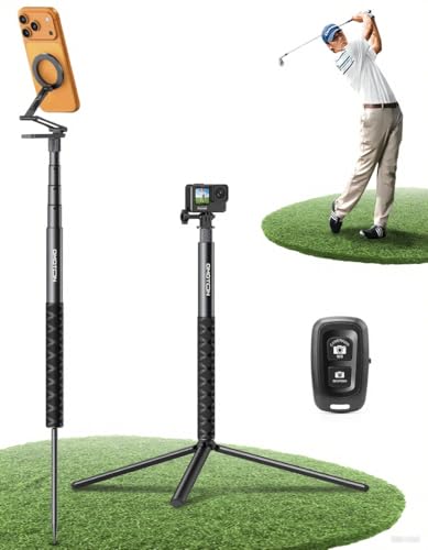 OMOTON CV08-B1 Golf Tripod & Monopod, 5-in-1 Pro Kit (Magnetic Phone Mount+Spike+Tripod+Remote+Action Camera Adapter), 59" Extendable Pole for Golf Swing Recording, Fit for iPhone, Android, GoPro