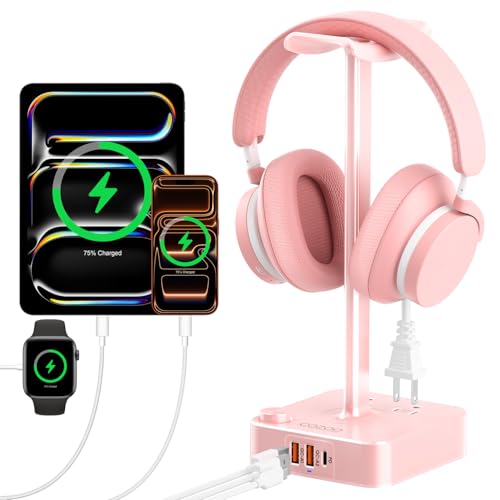 Pink Headphone Stand with USB Charger, Gaming Headset Holder with 3 USB Ports & 2 AC Outlets, PD Fast Charging & QC3.0, Desk Organizer for Girls, Gifts for Her,Girlfriend,Teen, Pink Gaming Accessories - color: Pink 3.0 & PD