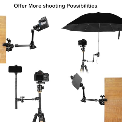 PellKing Magic Arm Clamp Kit, Camera Mount Articulating Friction Arm w 2 Pcs Super Clamp, w 1/4"-20 Screw and Thread Hole, for Camera, Light, Monitor, Webcam or Action Camera 2kg, for Table, Tube