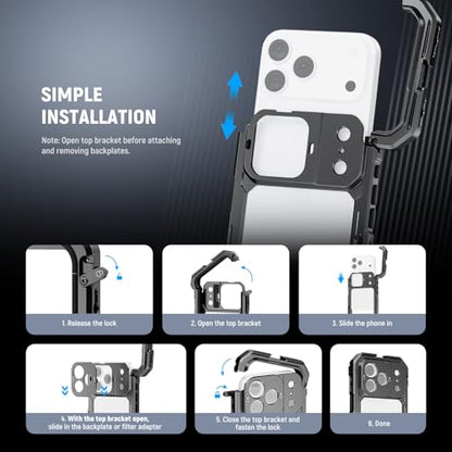 NEEWER Phone Cage Compatible with iPhone 17 Pro Max, Quick Release Video Rig Stabilizer Accessories with 67mm Filter Ring, 17mm Lens Backplate, T Mount Adapter, 4X Camera Control Cap, PA144 (Black)