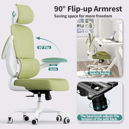 TRALT Office Chair Ergonomic Desk Chair, 330 LBS Home Mesh Office Desk Chairs with Wheels, Comfortable Gaming Chairs (1, Green) - color: Green