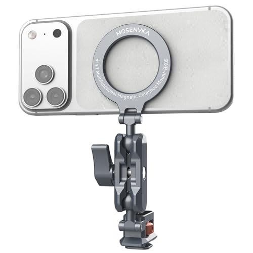 MOSENVKA 4-in-1 Magnetic Phone Mount with Arca-Swiss Base, 1/4"-20 Screw, Foldable Phone Stand with Cold Shoe for iPhone 17 16 15 Pro Max, GoPro, Vlogging