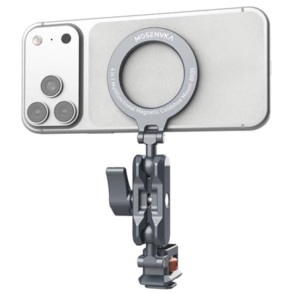 MOSENVKA 4-in-1 Magnetic Phone Mount with Arca-Swiss Base, 1/4"-20 Screw, Foldable Phone Stand with Cold Shoe for iPhone 17 16 15 Pro Max, GoPro, Vlogging