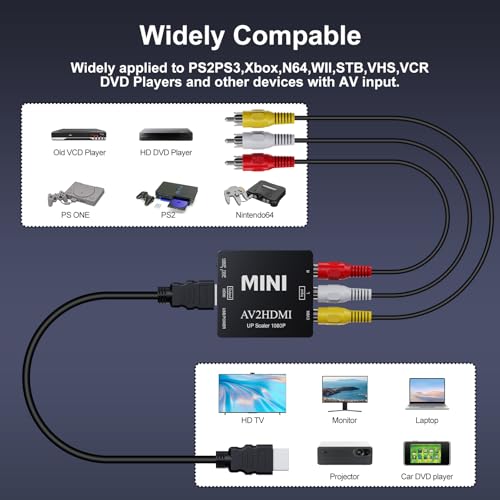 DigitConvert RCA to HDMI Converter, AV to HDMI Adapter, 1080P Mini RCA Composite CVBS Audio Video Converter Supports PAL/NTSC Compatible with PC/Laptop/Xbox /PS4 /TV/STB/VHS/VCR/Blue-Ray