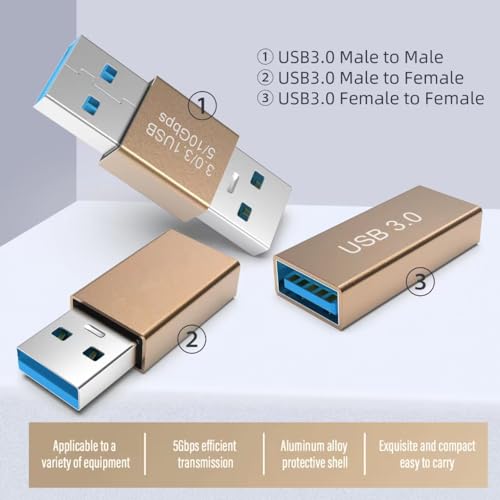 (3 Pieces) USB 3.0 Adapter kit, Support Charging and Data Transfer, High Speed Extension Coupler Converter Extender Connector, Female to Female, Male to Male, Male to Female USB Adapter - GOLD - style: 3 in 1 Pack