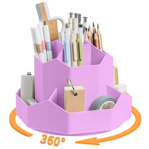 Pencil Pen Holder for Desk,9 Slots 360 Degree Rotating Desk Organizers,Desktop Storage Stationery Supplies Organizer, Cute Pencil Cup Pot For Office, School, Home(Purple) - color: Purple
