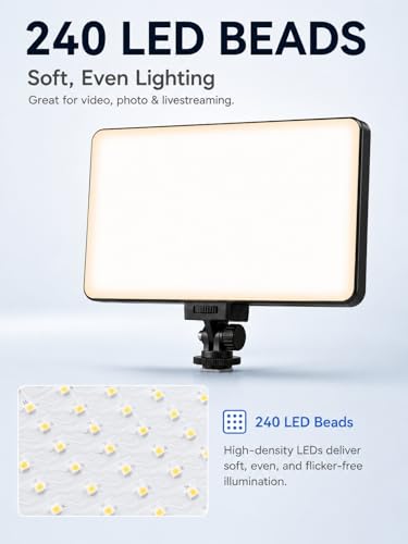 LED Video Light Panel, Dimmable DSLR Camera Light for Pictures Photo Video Recording with 4000mAh Rechargeable Battery, Cold Shoe, 240pcs Lamp Beads, CRI>95 2700K-6500K for Photography Live Streaming