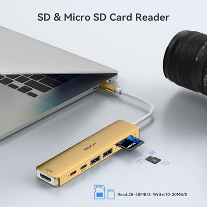 USB C Hub HDMI Adapter for MacBook Pro/Air, MOKiN 7 in 1 USB C Dongle with HDMI, SD/TF Card Reader, USB C Data Port,100W PD, and 2 USB 3.0 Compatible for MacBook Pro/Air, Dell XPS, Lenovo Thinkpad. - color: gold