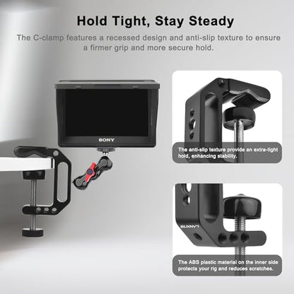 Camera Clamp Mount C Clamp with 1/4'' Screw Magic Arm - Perfect for Cameras, LED Video Lights, Monitors, Flash, Desk, Microphone, Action Camera