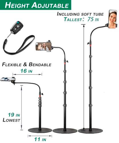 Tall Video Cell Phone Mount with Height Adjustable Stand, Heavy Base, 360 Head - Compatible with iPhone 16, 16 Pro Max, 16 Plus, 15, 14, 13 - color: Center Column Stand