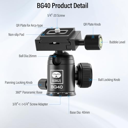 SIRUI Camera Tripod Ball Head, 10KG/22.05lbs Loading Capacity, 360°Panning Base, Aluminum Build Quality, Safety Lock, Universal Mounting Plate for Easy Attachment (BG-40 Ball Head) - color: BG-40