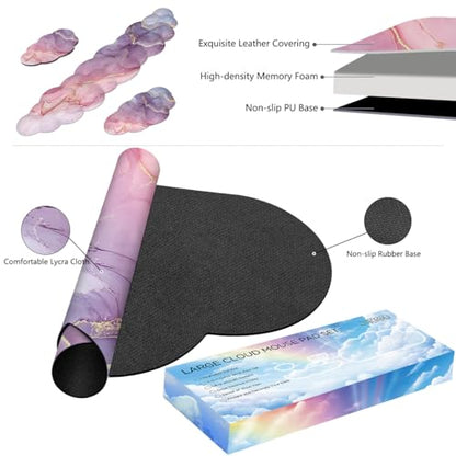 JIKIOU Ergonomic Keyboard Wrist Rest &Large Mouse Pad&Mouse Wrist & Cup Pad | Cute Cloud Shape, 4 in 1 Memory Foam Desk Mat, Ultra-smooth Surface, Savior of Wrist Pain, Anti-slip Rubber Base, Waterproof - color: 07Marble Pink