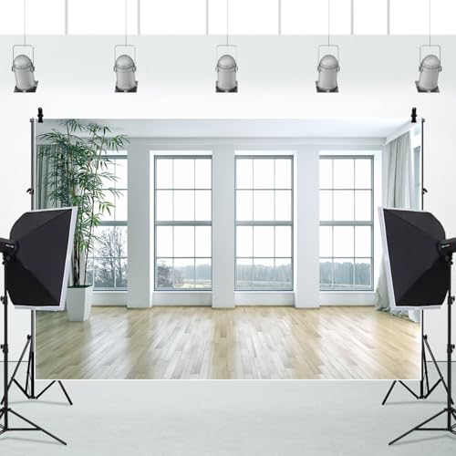 12x8FT White Living Room Wall Podcast Backdrop Modern Interior Wooden Floor Bright Window Background for Zoom Calls Home Office Live Video Photography Studio Props - size: 12x8ft