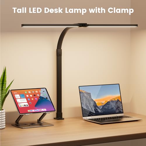 LED Desk Lamp for Home Office, 24W Computer Desk Light with Remote Control, Bright Table Lamp with Clamp Dimmable Tall Desktop Lighting with Bendable Gooseneck, Double Head, Black - style: Clamp Version - Black