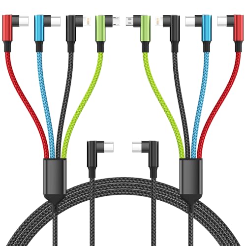 Travel Essentials USB C Multi Charging Cable 2Pack 5FT, Right Angle 4 in 1 Charging Cable, USB Cable Phone Charger with IP/Type C/Type C/Micro Port, Compatible with Most Cell Phones/Tablets and More - color: USB C-Red_Blue_Black_Green-2Pack, size: 2Pack 5