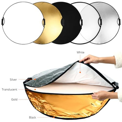 QWORK 32" (80cm) 5-in-1 Collapsible Light Reflector & Diffuser - Translucent, Silver, Gold, White, Black, Multi Disc Photography Reflector for Studio Outdoor Photography