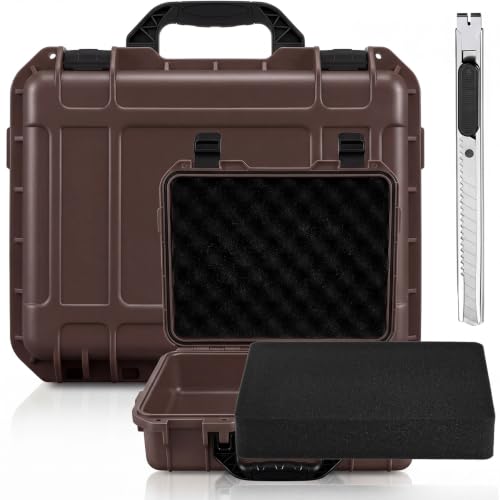 Relaxweex 1 Pcs Waterproof Hard Case with DIY Customizable Foam Insert Portable Protective Case with Knife for Camera Drones Equipments Tools Test Instruments (Brown,11.3 x 8.7 x 4.2 Inch) - color: Brown, size: 11.3 x 8.7 x 4.2 Inch