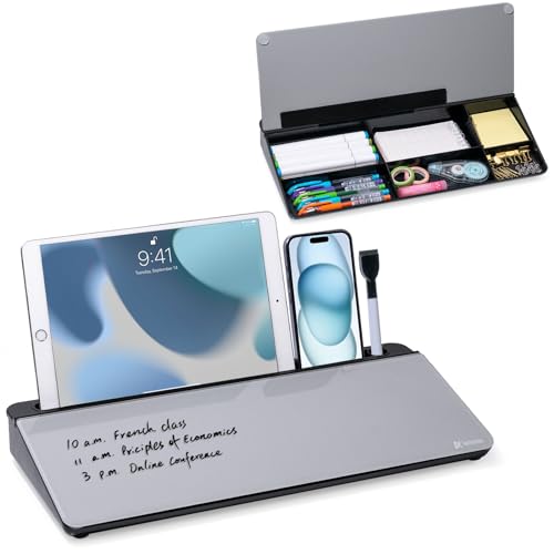 Varhomax Glass Desk Whiteboard with Storage, Desktop Organizer to-do List Memo Notepad Dry Erase White Board for Home Office and School Supplies (Black&Gray) - color: Black&gray