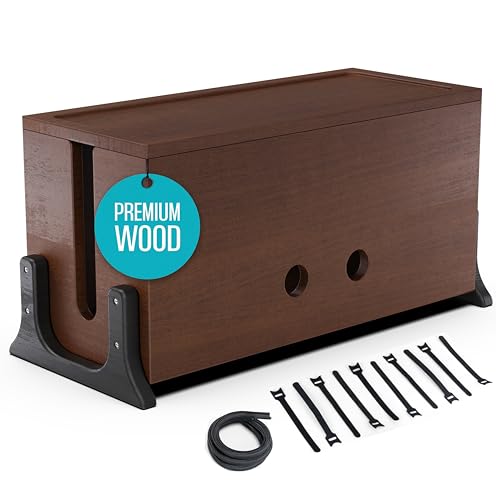 Extra Large Cable Management Box, Wood Cord Hider Box & Organizer for Power Strip, TV Wires & Desk Cable Storage - color: Walnut Varnished