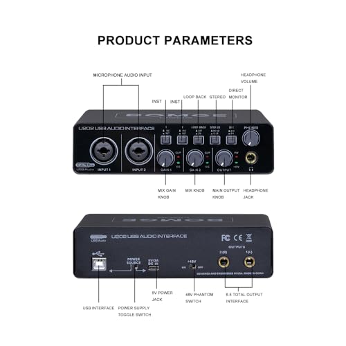 BOMGE U202 USB Audio Interface with Mic Preamplifier XLR/TSR/TS Ports,48V,32-Bit/192kHz Resolution fro computer recording,Streaming,Podcasting