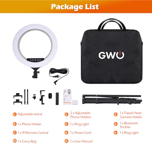 GWO 18 inch LED Ring Light with Tripod Stand 6000K Dimmable Makeup Selfie Light with Touch Panel Phone Holders for YouTube Vlog Video Shooting Include Carrying Bag and Remote Control CRI>90