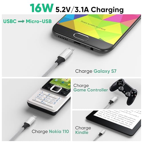 USB C to Micro USB Cable 10ft Braided Cord 3M for Charging Data Transmission - size: 10 Feet