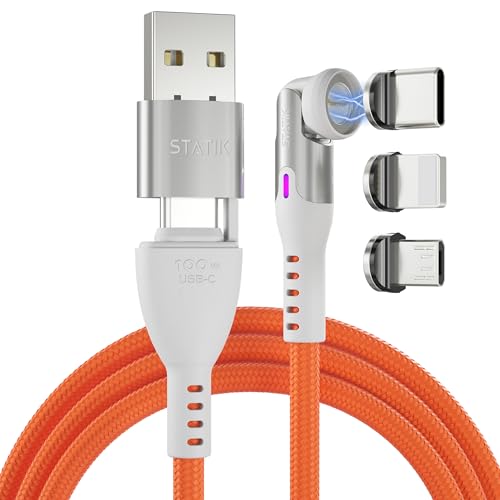 Statik 360 Pro Magnetic Charging Cable - Type C Charger Fast Charging 3 in 1 USB C to USB C Cable, Micro USB & iProduct Tips, USB A Adapter, Fits All Devices - 100W Fast Charger, Orange 6FT/2M - color: Orange, size: 6FT