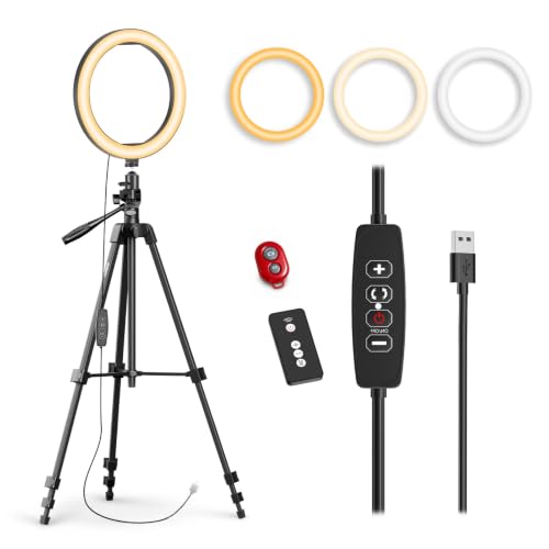 EMART 10’’ Ring Light with 55’’ Adjustable Tripod Stand for iPhone, 3 Color Modes & 10 Brightness Levels Circle Selfie Lights with Wireless Remote & Phone Holder for Live Streaming & Video Recording