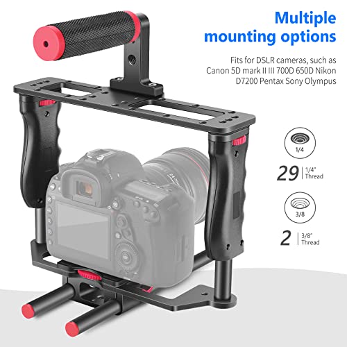 NEEWER Camera Video Cage Film Movie Making Kit, Aluminum Alloy with Top Handle, Dual Hand Grip, Two 15mm Rods, Compatible with Canon Sony Fujifilm Nikon DSLR Camera and Camcorder (Black + Red) - style: CG -MF Red